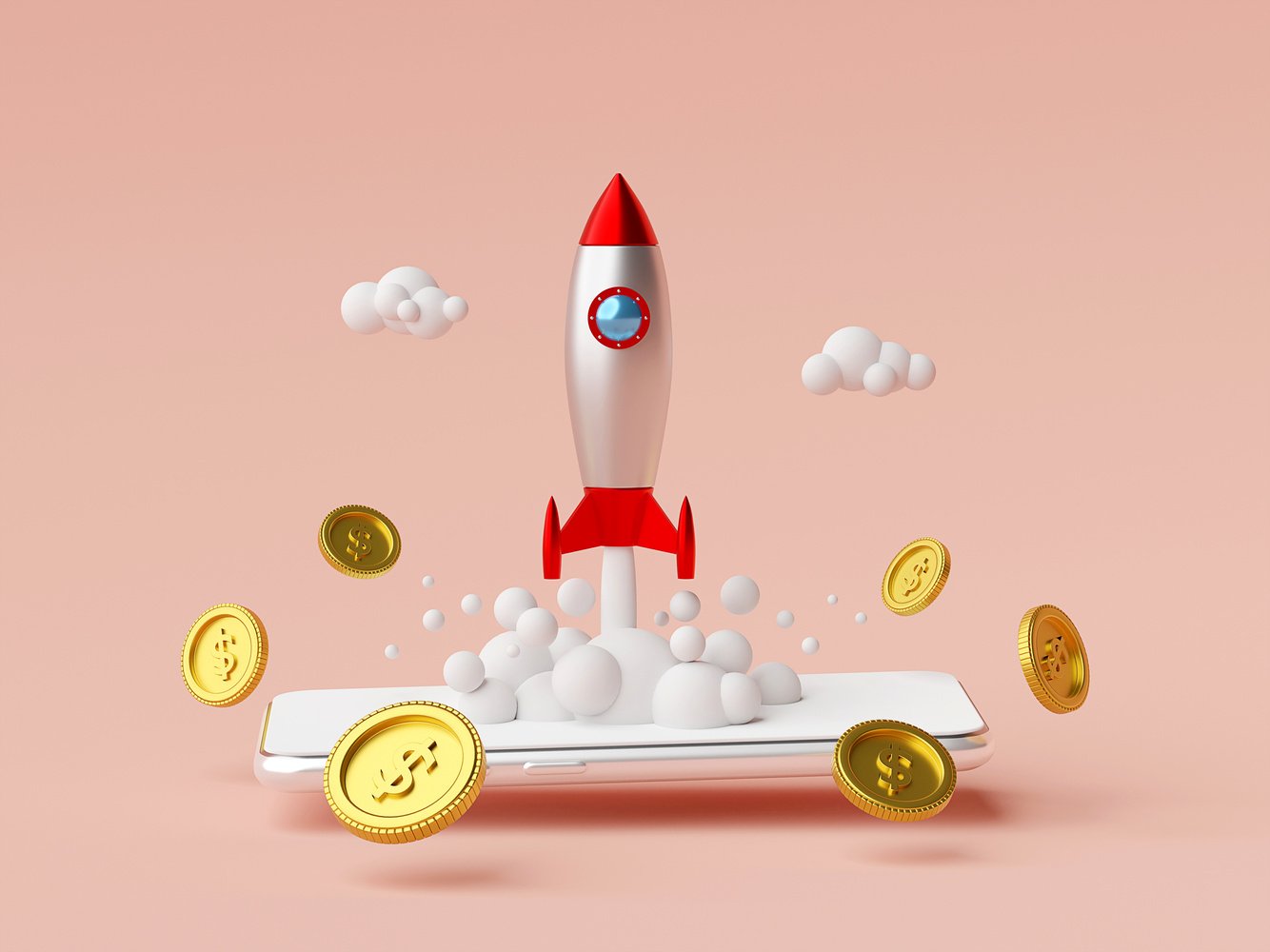 Business Start-up Concept, Rocket Launching from Smartphone with